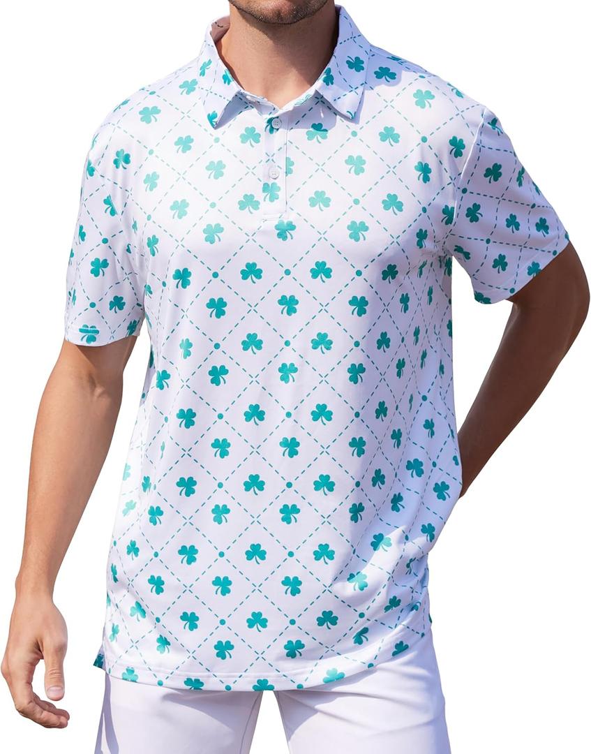 Mens Polo Shirts Short Sleeve Print Golf Shirts Gifts for Men (White, M)