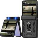 for Samsung Galaxy Z Flip7 Armor Case with Magnetic Ring Kickstand and Built-in Hinge Protection, Heavy Duty Shockproof Protective Cover for Samsung Z Flip 7 RJ-Black