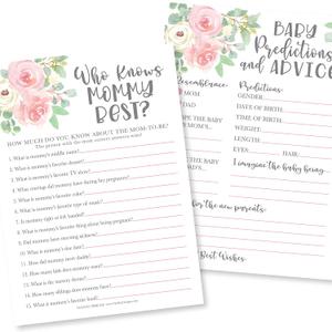 Hadley Designs Baby Shower Games for 25 Guests - Pink Floral Baby Predictions & Advice Cards for New Parents, Who Knows Mommy Best, Babyshower Game Girl, Gender Reveal Games, Made in USA