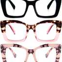 REAVEE Oversized Square Reading Glasses Oprah Style for Women, Blue Light Blocking Large Frame Computer Readers Spring Hinge (Black/Pink Leopard/Leopard Pink)