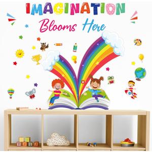 Cinrobiye Inspirational Quotes Wall Decals, Imagination Blooms Here Wall Art Stickers Nursery Classroom Playroom Decor for School Kids Study Reading Room Library Daycare Preschool Art (Imagination)