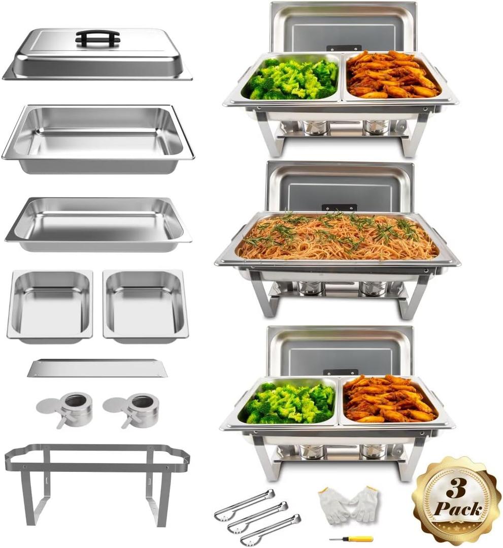 3 Pack 8QT Rectangular Chafing Dish Buffet Set Stainless Steel Catering Chafers Food Warmer with Full,Half Food Pan,Fuel Holder,Foldable Frame For Weddings/Parties/Banquets Events (1/1 pan*3, 1/2 pan*6)