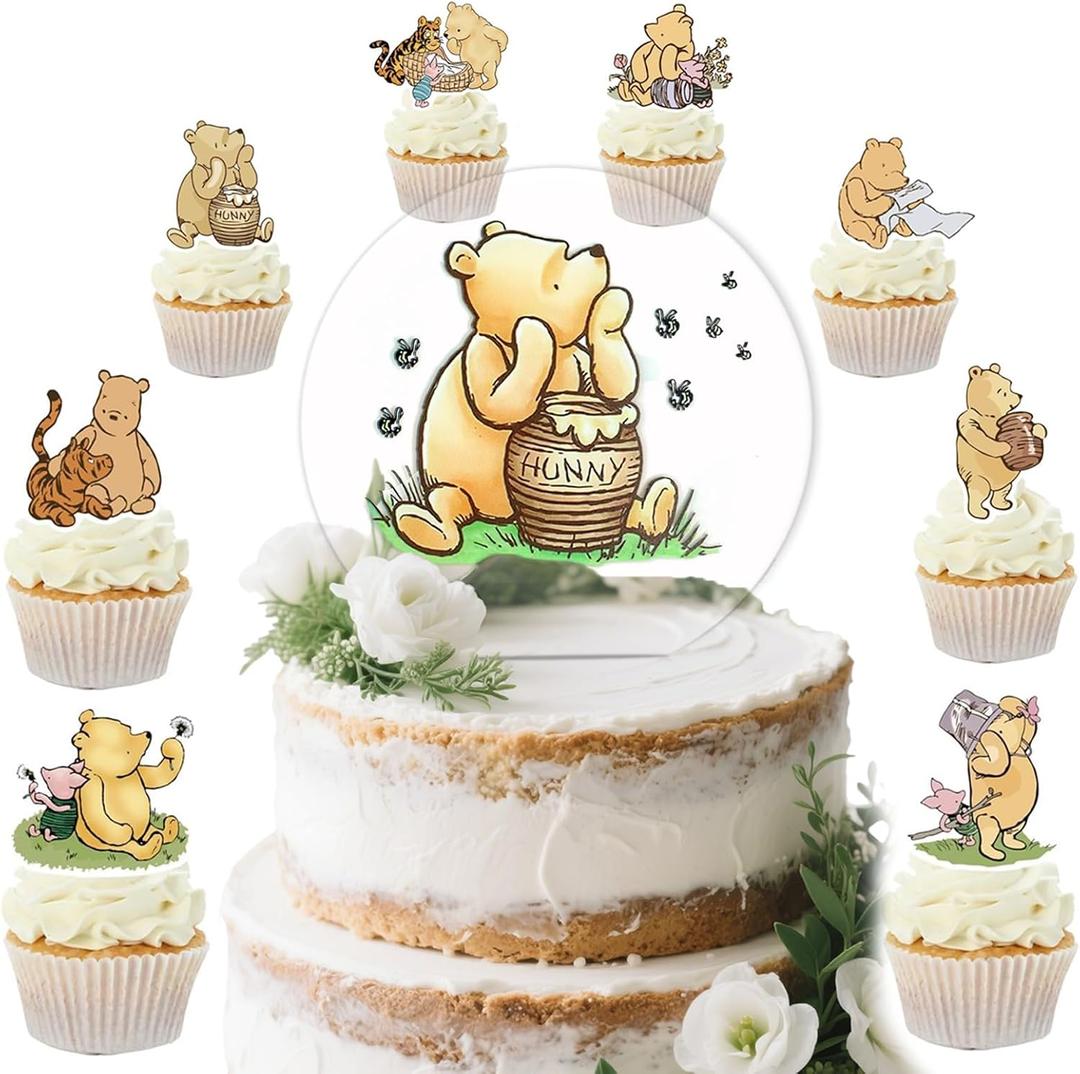 2 x Acrylic Winnie Pooh Party Decorations Set with the Cake Topper, Cupcake Toppers (48 Pcs) for Baby Shower, 1st Birthday - Classic Vintage Design