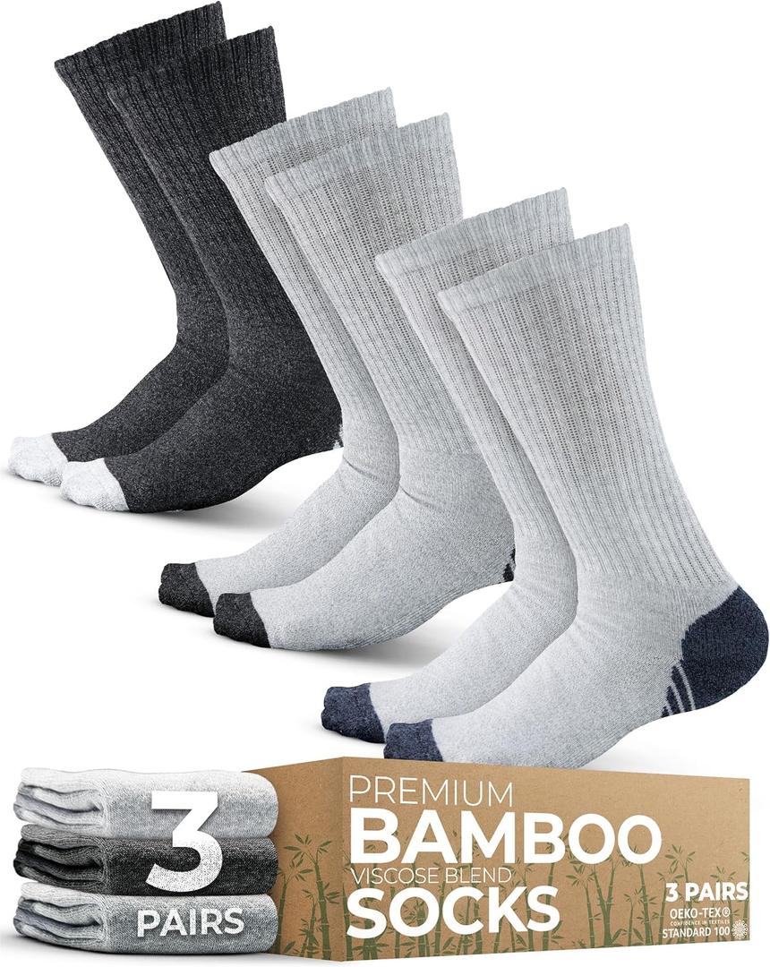 Pembrook 3 Pairs Viscose Bamboo Socks Mens - Premium Crew Work Socks, Moisture Wicking Socks Men for Hiking, Work Boot Socks Medium