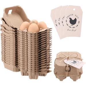 12 Pcs Half Dozen Egg Cartons Bulk Reusable Natural Pulp Paper Cardboard Egg Cartons with Labels Jute Ropes for Kitchen Easter Holiday Gifts Refrigeration Commercial Market Farm (4 Count)