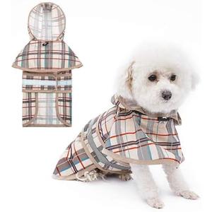 KOOLTAIL Dog Raincoat Hooded Slicker Poncho with Leash Hole, Raincoat for Small Medium Dogs, Waterproof Doggie Rain Jacket with Reflective Strip, Adjustable Breathable Plaid Puppy Rainwear-Beige L