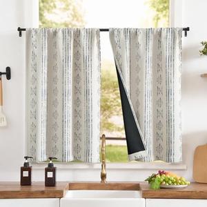 jinchan 95% Blackout Boho Kitchen Curtains 36 Inches Cafe Tier Curtains Bohemian Small Drapes for Bedroom RV Basement Half Window Room Darkening Thermal Insulated 2 Panels Blue on Beige