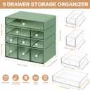Desk Storage Organizer with 9 Drawers, 4 Tiers Stackable Desktop Craft Storage Drawers, Clear Storage Box Caddy for Stationary Makeup Jewelry Office Craft Supplies (Green)