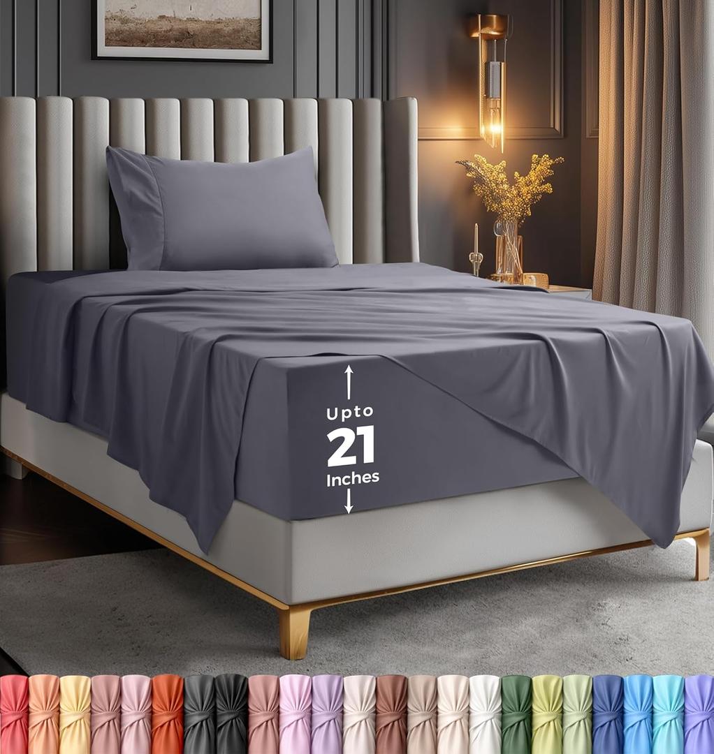 Utopia Bedding Twin Size Extra Deep Pocket Sheet Set  Fits Mattresses Up to 21 inches  Cooling, Soft & Breathable  Oeko-Tex 3 Piece Bed Sheets (Grey)