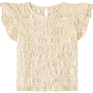 Girls Summer Ruffle Short Sleeve Casual Pleated Blouse Cute Keyhole Neckline Solid Tops Beige 13-14 Years