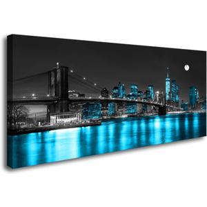 Aibonnly Wall Art Canvas Painting Black White and Blue New York Brooklyn Bridge 1 Piece Cityscape Night Building Picture Poster Print Framed for Living Room Bedroom Kitchen Office Home Decor, 48"L x 24"W