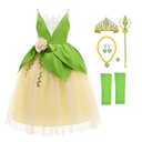 MDYCW Princess Tiana Halloween Costume for Girls, Frog Dress Up Cosplay Birthday Party Outfits, 4Y