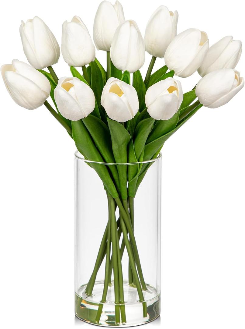 DILATATA 12 Pcs Artificial Real Touch Tulips Flowers in Glass Vase with Faux Water, Tulips Fake Arrangements White Tulips with Vase for Dining Table Home Decor Wedding Centerpieces