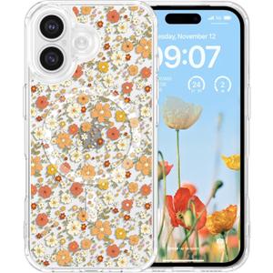 RALEAVO for iPhone 17 Case Compatible with MagSafe Clear Floral Pattern Design Cute for Girls Women Slim Magnetic Hard Back Shockproof Phone Case for iPhone 17,Orange Flowers