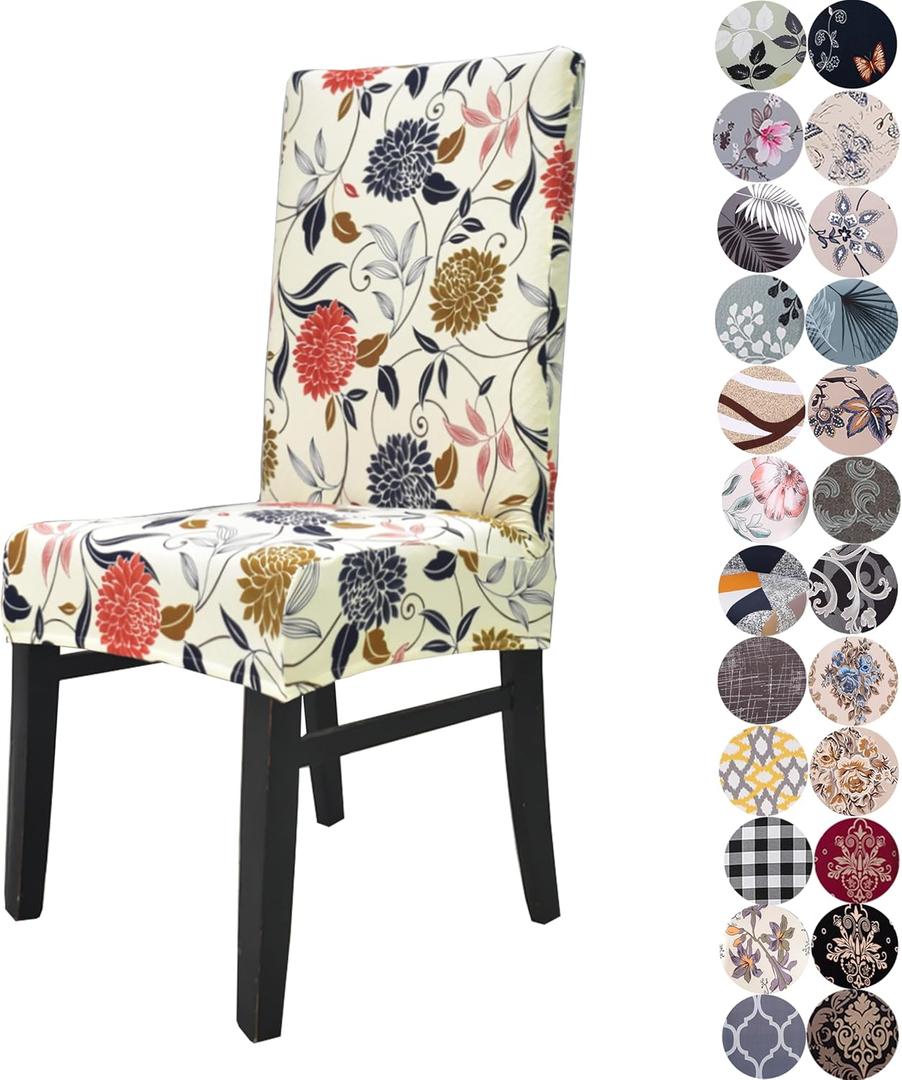 Chair Covers for Dining Chairs Set of 4, Stretchy Soft Parson Chair Covers Removable Washable Kitchen Dining Room Chair Slipcovers with Elastic for Universal Fit (Orange Flowers)