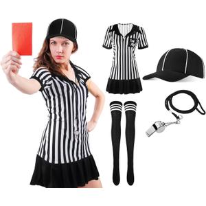 SATINIOR 5 Pcs Women Referee Costume Set Umpire Outfit Stripe Ref Shirt Hat Long Socks Whistle for Halloween Cosplay Party (3X-Large)