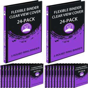 Fulmoon 24 Pcs 3 Ring Plastic Binders Bulk with 2 Pockets Flexible Binder with Transparent View Cover Plastic Binder for Home Office (1/2 Inch, Black)