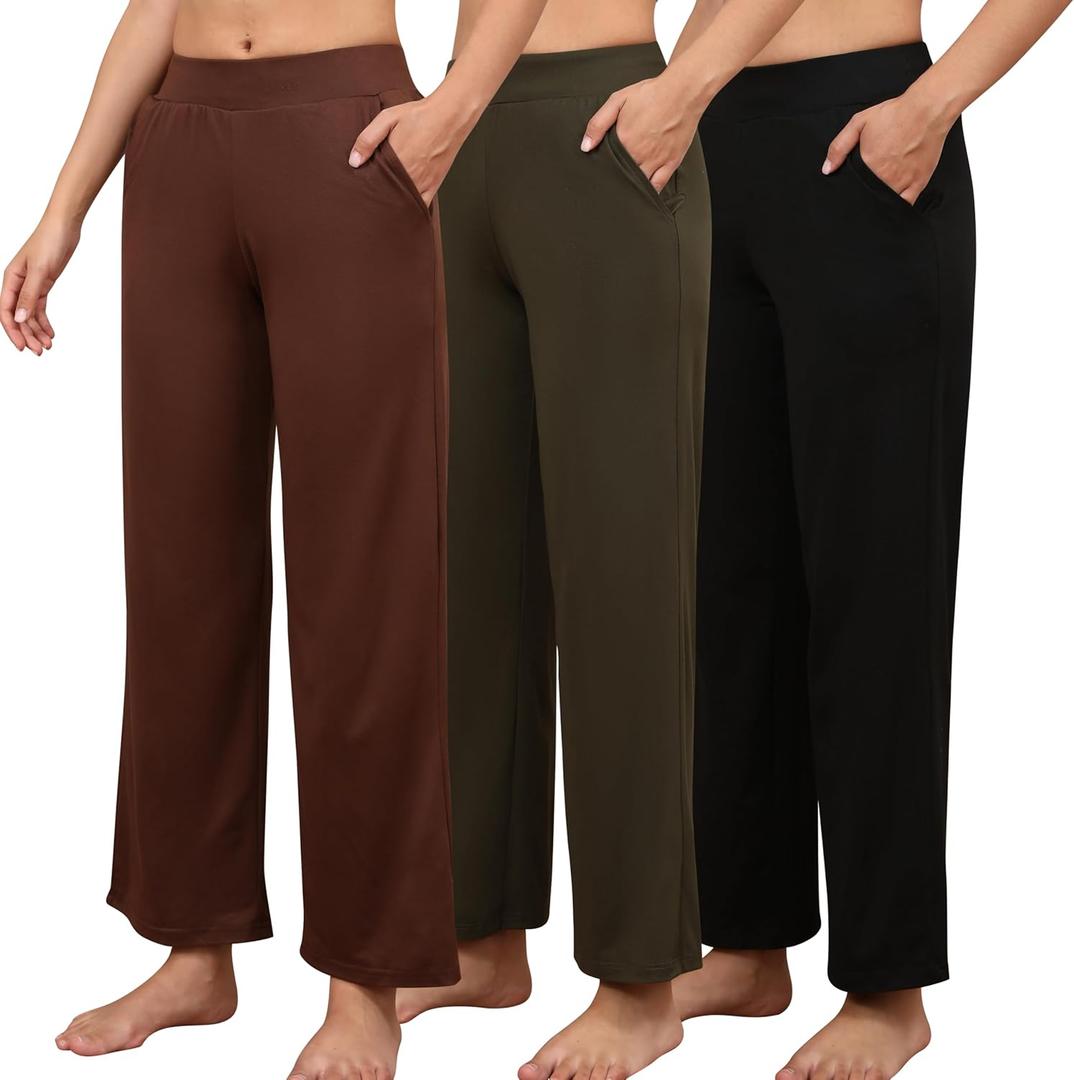 PNAEONG 3 Pack Women's Wide Leg Petite Sweatpants, Loose Fit Lounge Pants with Pocket Casual High Waist Sweatpants S (Army Green+dark Brown+black)
