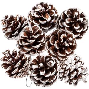 Whaline 25Pcs Christmas Natural Pine Cones Bulk Rustic Snow Pinecones with String Pine Cone Pendant Winter Holiday Hanging Ornament for Xmas Tree Gift Tag Party Decoration, 1.6-2 Inch