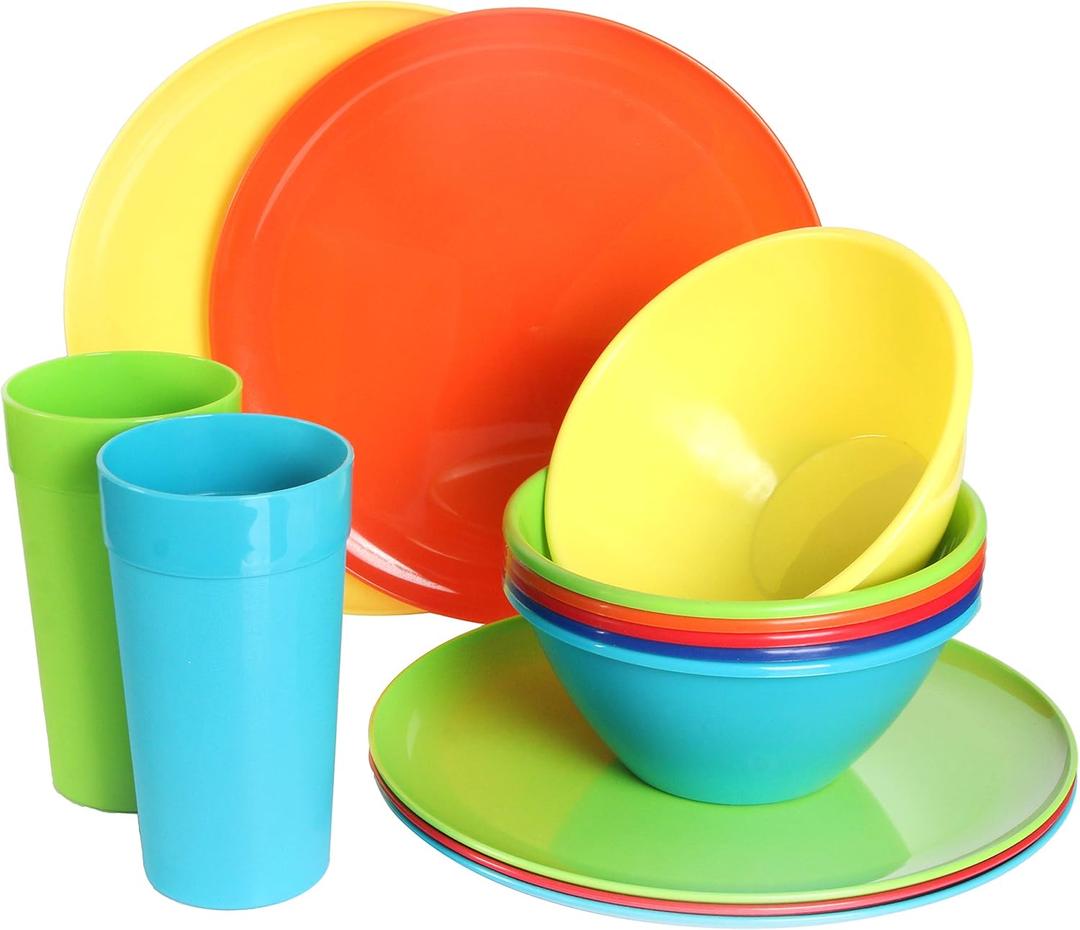 Youngever 18 Piece Plastic Kitchen Dinnerware Set, Plates, Dishes, Bowls, Cups, Service for 6 (Rainbow Colors)