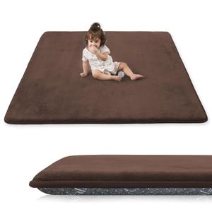 1.3" Thick Baby Play Mat for Floor, 79x79 Playpen Mat, Pro Soft Flannel Foam Mats Toddler Infant Kids Crawling for Nursery Rug Playroom Living Room Waterproof Easy Care Non-Slip (Brown)