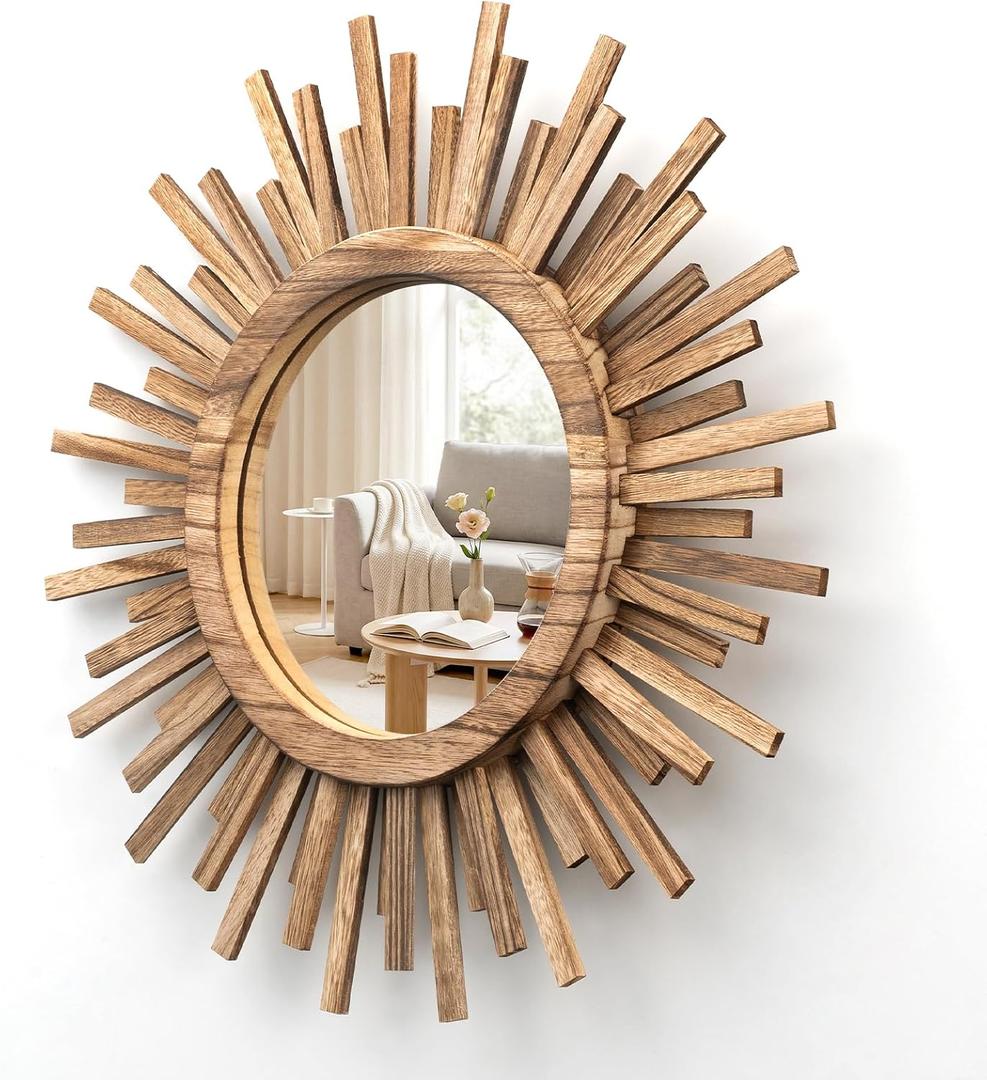 18 Inch Boho Sunburst Mirror, Round Wooden Wall Decor Starburst Sun Mirror for Bedroom, Living Room, Bathroom, Hallway, Balcony, Farmhouse Entryway, Housewarming GiftRustic Brown
