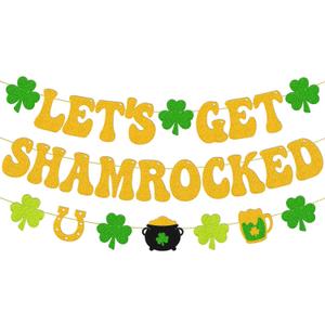 Lets Get Shamrocked Banner Happy St. Patricks Day Banner Shamrock Clover Theme Garland Irish Saint Patrick's Day Decor St. Patricks Day Party Glitter Gold Shamrock Party Decoration