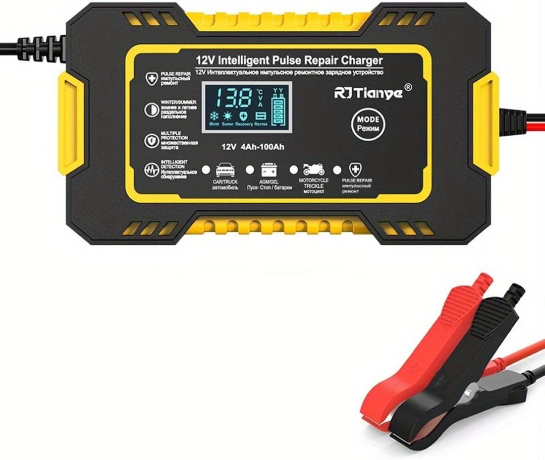 US Plug Car Battery Charger, 12V 6A Smart Battery Trickle Charger Automotive 12V Battery Maintainer for Car Truck Motorcycle Lead Acid Batteries (Yellow)