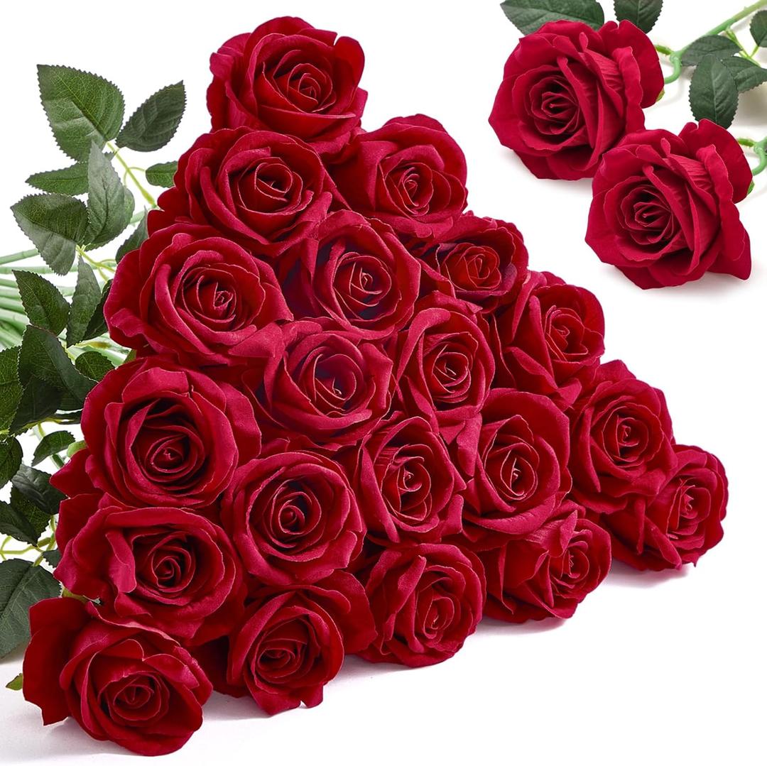 Alecono Red Roses 20Pcs - 4in Real Touch Artificial Roses, Velvet Soft Fake Flowers with Long Stems for Mothers Day, Wedding Centerpieces, DIY Home Decor (Burgundy)