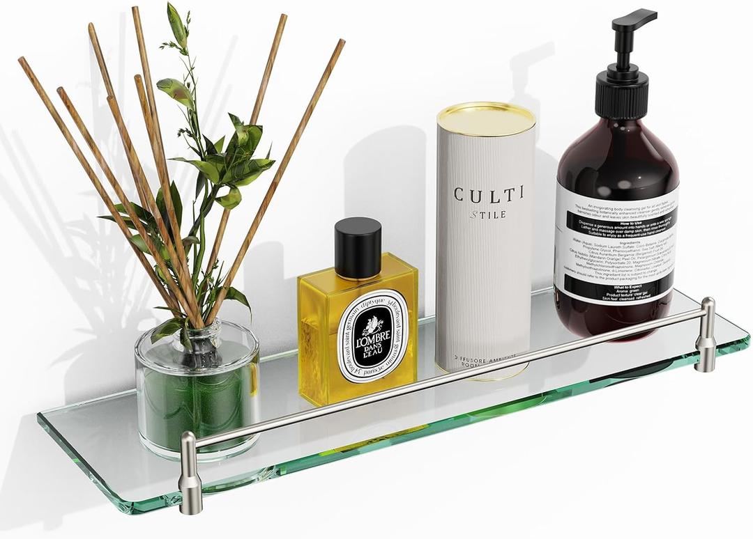 16 Inch Glass Bathroom Shelves,Brushed Nickel Floating Shelves for Wall Rectangular Modern Stainless Steel Glass Shelf for Bathroom Wall Mount Accessories (16"with Railing)