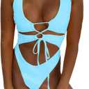 CHYRII Women's Sexy Cutout Lace Up Backless High Cut One Piece Swimsuit Monokini (Medium, Baby Blue)