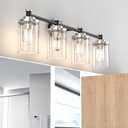 Bathroom Lighting Fixtures Black and Brushed Nickel Bathroom Vanity Light with Cylindrical Clear Stripes Glass Lampshade E26 Socket Base Bathroom Lighting Fixtures Over Mirror (4 Lights)