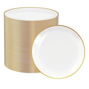FOCUSLINE 100 Count Gold Plastic Plates 7 Inch, Disposable Heavy Duty Salad Dessert Plates, Premium Hard Plastic Plate Disposable with Gold Rim for Wedding Parties