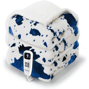 Cow Print Heated Blanket Twin-Heating Electric Blanket Twin with 10 Heat Levels & 10 Hours Auto-Off, Cozy Soft Fleece Sherpa, Washable, 62 x 84 Inche Cow Print Blue (06 - Blue Ombre-white)