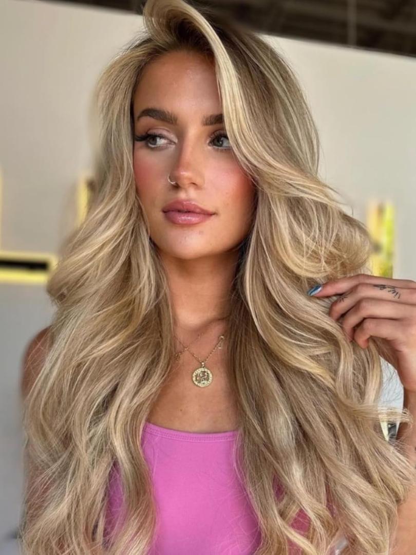 Highlight Blonde Wig 18 Inch Medium Length Wavy Glueless Ombre Mixed Brown Honey Blonde Lace Front Wig Pre Plucked HD 13x4 Synthetic Lace Front Wigs for Women