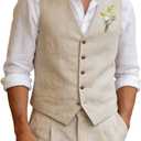 Men's Linen Suits 2 Piece Slim Fit Suit Prom Beach Wedding Groomsman Vest Pants Set Casual Summer Linen Outfit (Beige, XL)