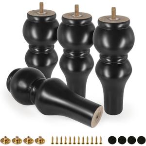 FoDau770 Rubber Wood Furniture Legs 8 Inch, Mid-Century Modern Couch Feet Heavy Duty Sofa Legs Set of 4, Vintage Dresser Feet Round Ottoman Leg Replacement Leg for DIY Furniture Projects - Black