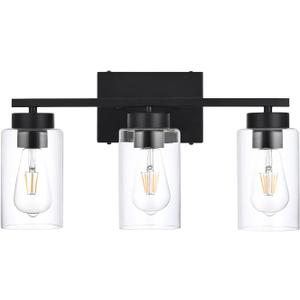 3-Light Bathroom Vanity Light, Modern Black Wall Lights with Clear Glass Shades, Bathroom Wall Sconce Lamp for Mirror Living Room Bedroom Hallway