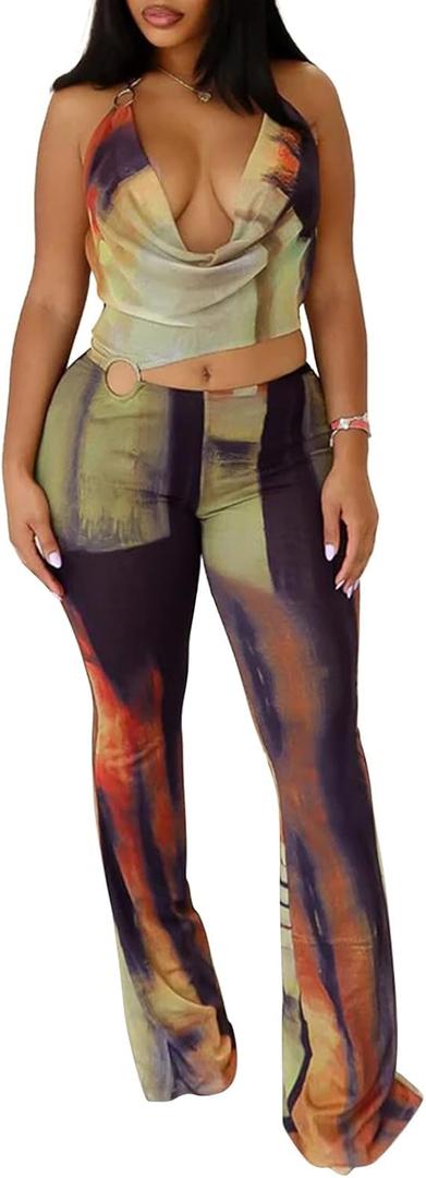 Molilove Women's Sexy Jumpsuits Sleeveless Halter Crop Top Flare Pants Rompers Summer Going Out Date Night Outfits (XXL)