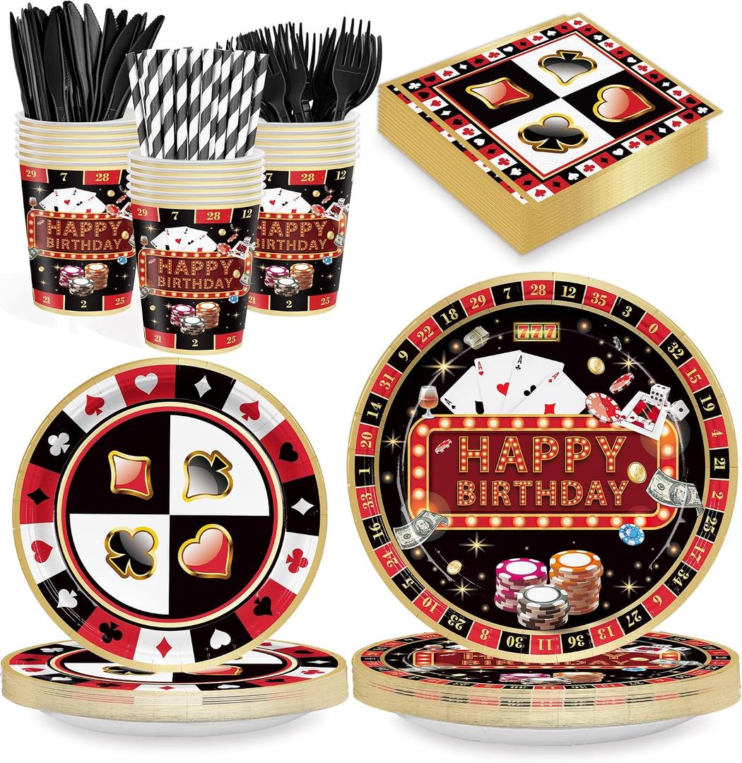 Casino Party Supplies for Girls Boys Kids Las Vegas Themed Happy Birthday Party Decorations Poker Paper Plates Napkin Cups Forks Knives Straw Tableware for 24 Guests