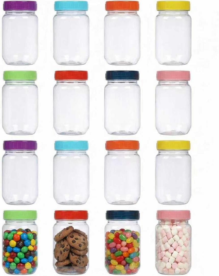 novelinks 16 oz Plastic Mason Jars with Colorful Lids, Leakproof 16oz Clear Plastic Jars with Lids, Reusable Storage Containers for Household Use (16 Pack)