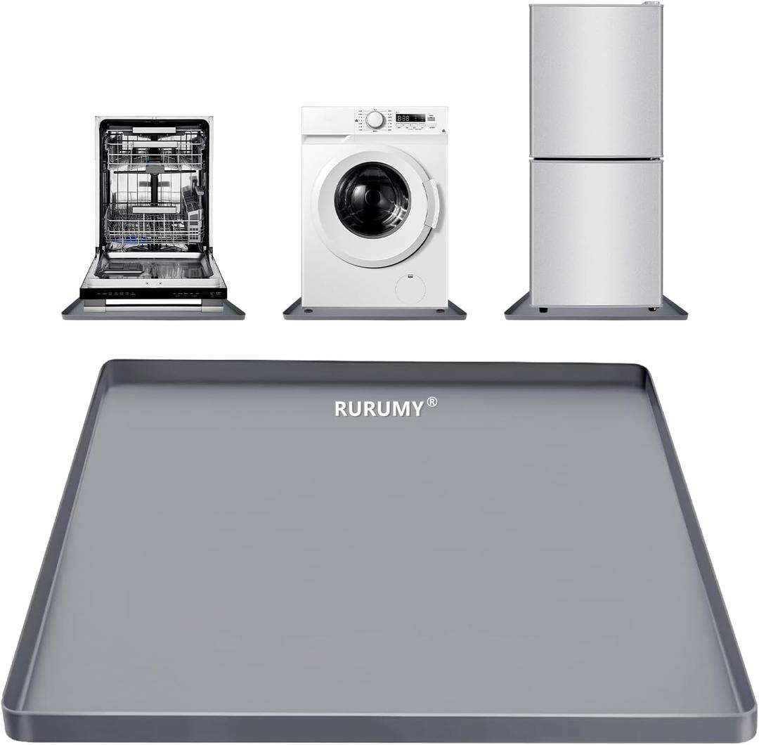 Silicone Washing Machine Mat 27x27 Inch for Small Compact Washer Dryer Waterproof Drain Pan Drip Tray with Raised Edge, NonSlip Floor Leak Protector Flexible Soft Pads for Laundry Room, Gray