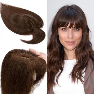Flufymooz Real Human Hair Toppers for women, 10 Inch Clip in Bangs 100％ Human Hair Toppers for Thinning Hair, Cover Hair Topper Hair Pieces with 150% Density Silk BaseMedium Brown