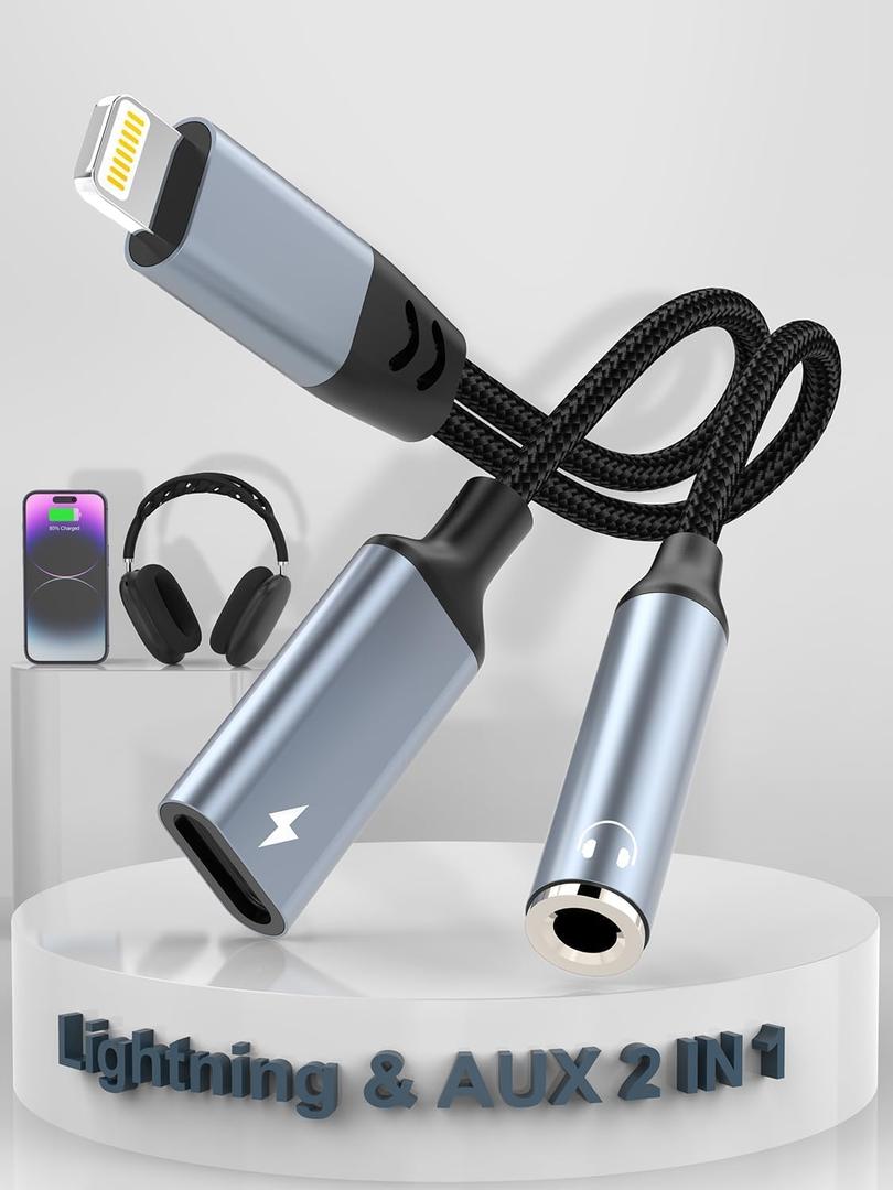 Lightning to 3.5mm Headphone Jack Adapter Apple MFi Certified 2 in 1 iPhone Aux Audio & Charge Adapter, Phone Headphone Adapter Support Music+Charge+Mic+Control Compatible with iPhone 14 13 12 11 (Black)