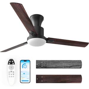 Obabala Ceiling Fans with Lights, 42 inch Flush Mount Ceiling Fan with Light and Remote Control & APP Reversible Dimmable Noiseless Ceiling Fan for Bedroom Indoor/Outdoor (Vintage Gray Maple Walnut)