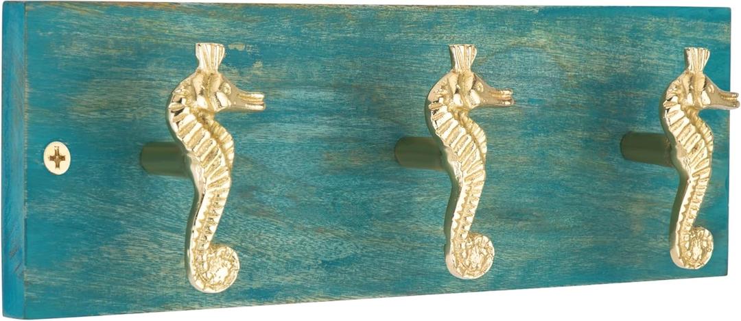 Coastal Wall Mounted Coat Rack with 3 Polished Brass Seahorse Hooks for Hanging, Distressed Hook Rail for Hat & Coats, Nautical Beach Themed Organizer for Entryway & Bathroom