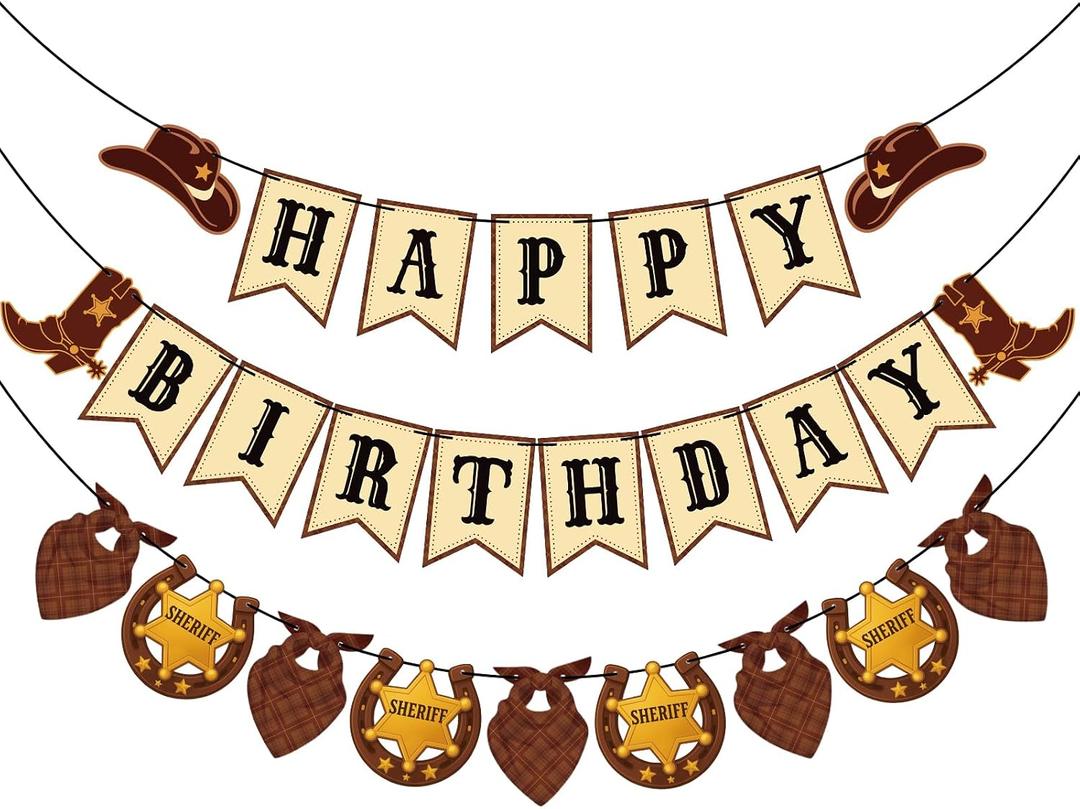 GCQQ Western Cowboy Happy Birthday Banner - Rustic Wild West Birthday Decorations 9.8FT Pre-Strung Cowboy First Rodeo Theme Party Supplies 75Inch Sheriff Badge & Horse Paper Bunting Garlands for Boy & Girls