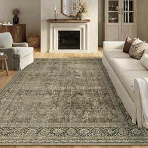 PureCozy Vintage Area Rug 8x10 Light Brown Washable Living Room Bedroom Indoor Carpet Tribal Distressed Retro Accent Throw Rug for Office Dining Room Bathroom Faux Wool