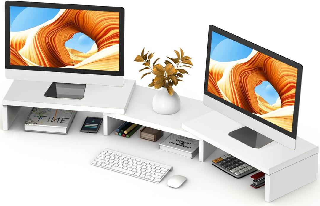TAVR Furniture Dual Monitor Stand Riser, Computer Monitor Stands for 2 Monitors, Extra Long Multifunctional Desktop Organizer Riser for Computer, Laptop, PC, Printer, TV, Max 43.3" Length, White