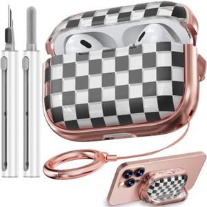 Inesore for AirPods Pro 2nd Generation Case Cover with Lock, Flowers Cute Clear AirPods Pro 2 Case Hard iPod Pro Cases for Women Girls with Cleaner Kit (2023 USB-C /2022/2019) -Checkerboard